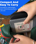 Person packing Beginner Embroidery Kit With 86-Piece Tools Set And Hoop into a backpack, showing compact design and portability.