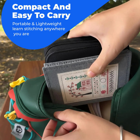 Person packing Beginner Embroidery Kit With 86-Piece Tools Set And Hoop into a backpack, showing compact design and portability.