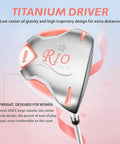 Women's 4 Piece Golf Club Set Right Handed With Lightweight Graphite Shafts Easy Handling With Soft Grips Driver Irons Putter And Golf Bag Beginner Friendly Starter Kit In Multiple Color Options titanium driver close-up.