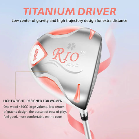 Women's 4 Piece Golf Club Set Right Handed With Lightweight Graphite Shafts Easy Handling With Soft Grips Driver Irons Putter And Golf Bag Beginner Friendly Starter Kit In Multiple Color Options titanium driver close-up.