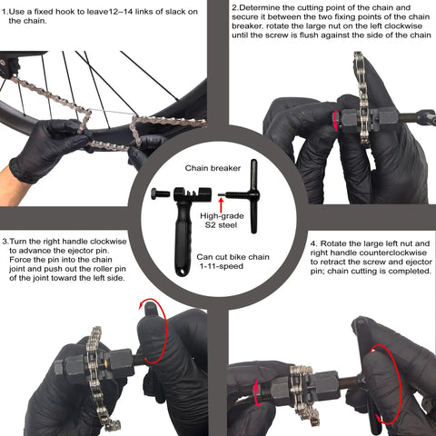 Instructions for using the All In One Bike Chain Kit for 6 7 8 Speed 126 Links with chain tool on a bike chain.