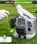 Six In One Beast Of A Gas Powered Weed Wacker Kit With 52cc 2 Stroke Engine being started on grass