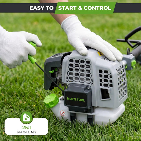 Six In One Beast Of A Gas Powered Weed Wacker Kit With 52cc 2 Stroke Engine being started on grass