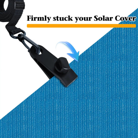Upgraded Pool Solar Cover Reel Strap And Clip Kit Featuring Serrated Teeth Clamps holding a blue solar cover securely.