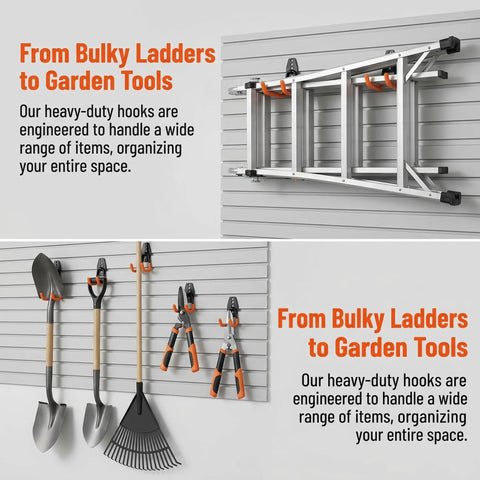 Image of 16 Pack Garage Hooks Set Durable Wall Mount Storage System with heavy-duty industrial hangers for tools and ladders.