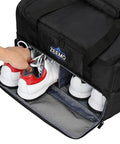 Person putting golf shoes into Two Layer Car Trunk Organizer With Ventilated Shoe Compartment Holds Two Pairs Of Golf Shoes And Gear Travel Storage For Accessories Durable Black Golf Travel Organizer For SUV Or Car