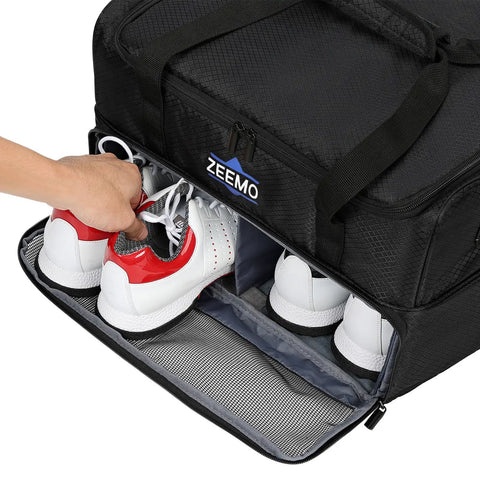 Person putting golf shoes into Two Layer Car Trunk Organizer With Ventilated Shoe Compartment Holds Two Pairs Of Golf Shoes And Gear Travel Storage For Accessories Durable Black Golf Travel Organizer For SUV Or Car