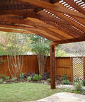 Beautiful wooden pergola and fence treated with All In One Exterior Wood Stain And Sealer For Outdoor Decks And Fences No Back Brushing Needed No Fuss Easy To Apply Waterproof Sealant With UV Protection Rich Pecan Finish In 1 Gallon No Priming Required