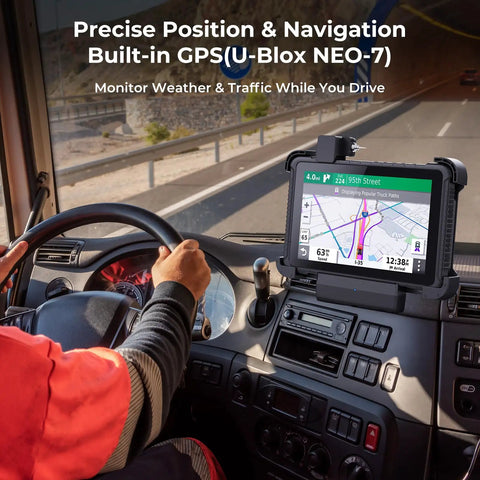 Rock Solid Heavy Duty Rugged Tablet With 10.1 Inch Sunlight Readable Screen Running Windows 11 Pro For Tough Jobsite Tasks featuring GPS mounted in truck.