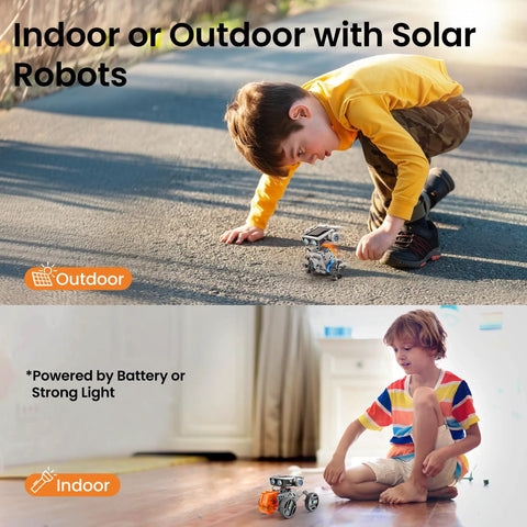 Solar Building Robot Kit 15 In 1 For Kids Ages 8 To 13 A Hands On STEM Gift That Feels Like Cool Tech Learn Solar Power Robotics Engineering And Introductory Coding With This Screen Free Build Kit. Boy playing with a small solar robot outdoors and indoors.