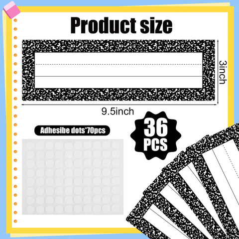 36 Piece Composition Desk Name Plates For Classroom 9.5 By 3 Inch Black And White Reusable Name Tags For Students with adhesive dots