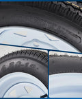 Collage of 2 Pack 4.80-12 Trailer Tires On 12 Inch Rims With 5 Lug On 4.5 Inch Bolt Pattern 2.95 Inch Center Bore close-up details