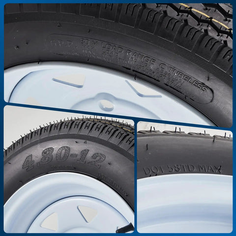 Collage of 2 Pack 4.80-12 Trailer Tires On 12 Inch Rims With 5 Lug On 4.5 Inch Bolt Pattern 2.95 Inch Center Bore close-up details