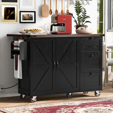 54 Inch Farmhouse Kitchen Cart Featuring A Nifty Power Outlet And Hefty Storage Space With Smooth Rolling Lockable Wheels And Sleek Black Finish.