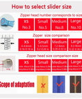 Zipper slider size selection guide with measurements for XS to Large; stainless steel replacement zipper slider silver large size for clothing, luggage.