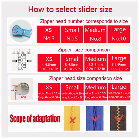 Zipper slider size selection guide with measurements for XS to Large; stainless steel replacement zipper slider silver large size for clothing, luggage.