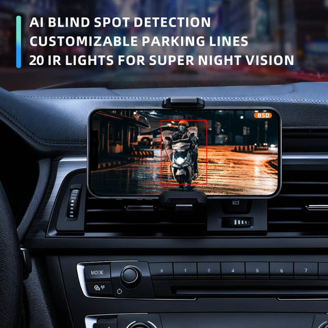 AI Blind Spot Monitoring displayed on a smartphone for Dead Simple Wireless Backup Camera For Truck RV Trailer With AI Blind Spot Monitoring No Wiring Required Rock Solid 985 FT WiFi Range
