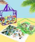 Six Pack Large Clear Toy Storage Bags With Labels, Reusable PVC Organizer For Blocks, Green and Purple Bags with Toys Inside