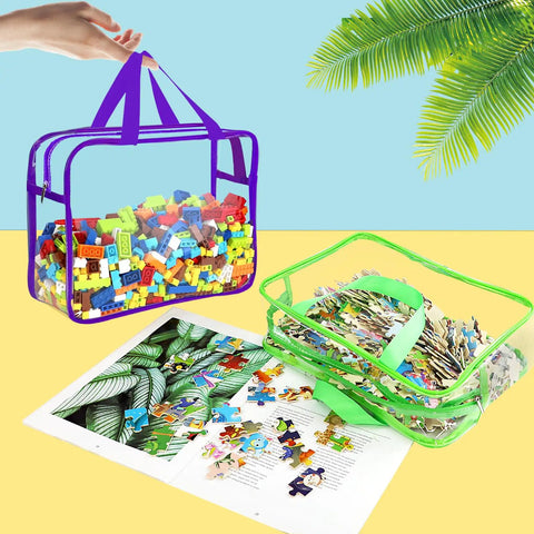 Six Pack Large Clear Toy Storage Bags With Labels, Reusable PVC Organizer For Blocks, Green and Purple Bags with Toys Inside