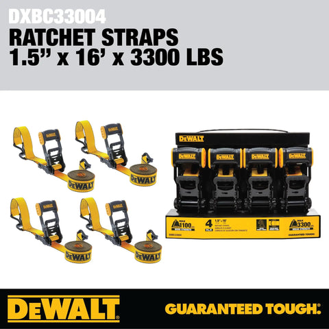 Beefed-Up Mid-Weight Ratchet Tie Down Straps 1.5 Inch By 16 Foot 3300 Pound Break Strength 4 Pack with open handle and steel hardware