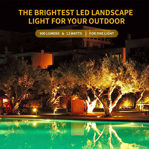 Warm White Outdoor Landscape Spotlight 12W 3000K IP65 Waterproof Garden Lighting illuminating trees beside a pool.