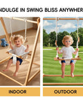 Canvas Indoor Outdoor Baby Swing For Infants To Toddler With 3 Point Safety Belt Soft Cushioned Seat And Beech Wood Dowels Durable Hammock Chair For Nursery Patio Or Tree shown indoors and outdoors with a child swinging.