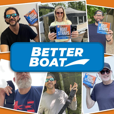 Collage of people holding Heavy Duty 2 Inch By 48 Inch Boat Tie Down Straps For Trailer Marine Grade Transom Straps With Manual Buckle.
