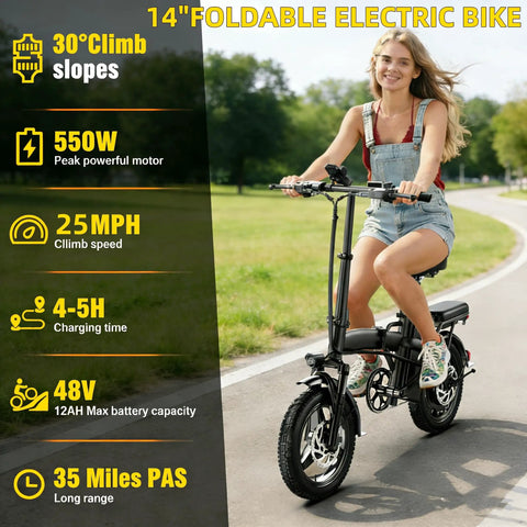 Woman riding Beast 550W Ebike With 25 MPH Top Speed, 35 Mile Range, 300 Lbs Load, Tool Free Fold, city path background