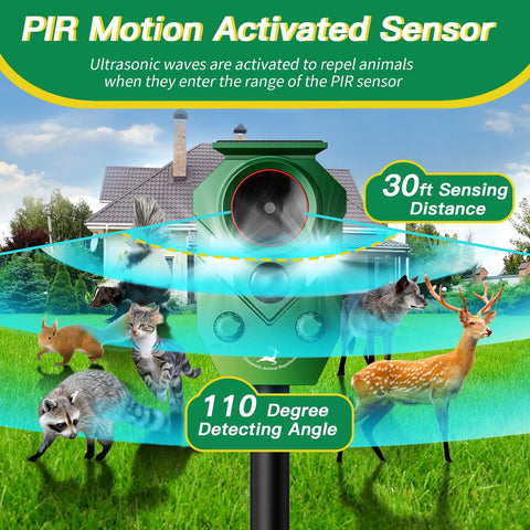 Solar Powered Ultrasonic Animal Repellent With Motion Sensor For Outdoor Yards And Gardens, LED Flashing Lights To Deter Deer Coyotes Raccoons And Cats, Humane Yet Effective Pest Deterrent For A Peaceful Pet Safe Yard, green PIR sensor