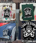 I Can Fix Stupid But It's Gonna Hurt Mechanic Gorilla Wrench Sticker Set on mug, book, car; durable vinyl decals