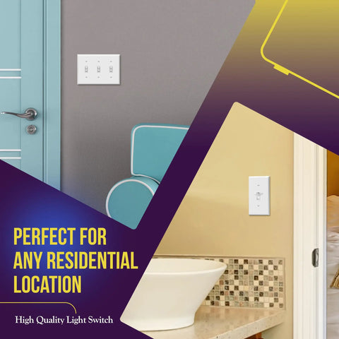Single Pole Toggle Light Switch 15A 120 To 277V Residential Grade UL Listed with Grounding Screw White 10 Pack installed view
