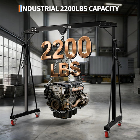 Adjustable Gantry Crane 1 Ton 2200 Lbs Portable Garage Hoist lifting an engine in a warehouse with rolling casters.