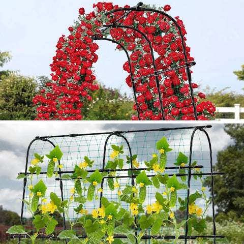 Heavy Duty 7.3Ft Cucumber Trellis For Raised Bed Garden Arch With Net Rustproof Steel Plant Support covered in roses and cucumbers.