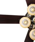 Close-up of 52 Inch Indoor Ceiling Fan With LED Light And Remote Control in New Bronze Finish, featuring rosy red wooden blades.