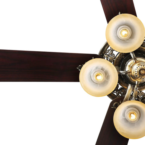 Close-up of 52 Inch Indoor Ceiling Fan With LED Light And Remote Control in New Bronze Finish, featuring rosy red wooden blades.