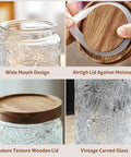 Airtight 24 Oz Glass Storage Jar With Bamboo Lid showcasing wide mouth design and vintage carved floral pattern.