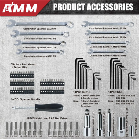 Professional Mechanics Tool Set With 1/4 Inch, 3/8 Inch And 1/2 Inch Drive Sockets, 202 Piece Kit Including Ratchets, Wrenches, Sockets And Specialty Bits For Automotive Repair And Outdoor Maintenance In A Durable Toolbox product accessories displayed on a grid.