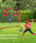 6 By 6 Foot Football Training Net With Three Target Pockets in backyard, used by child practicing throwing, red and black design.