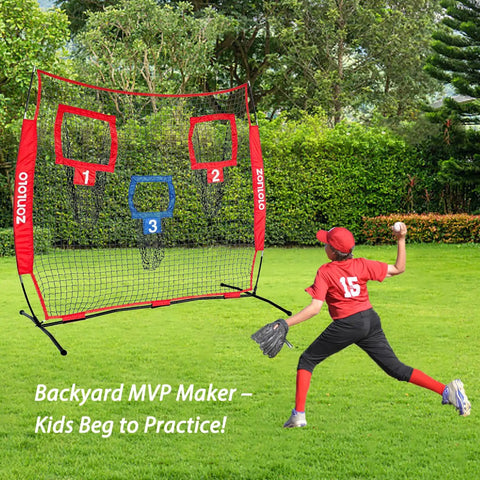 6 By 6 Foot Football Training Net With Three Target Pockets in backyard, used by child practicing throwing, red and black design.