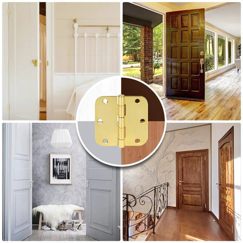 Collage of residential interior doors with focus on a gold door hinge in the center, showcasing design and functionality.