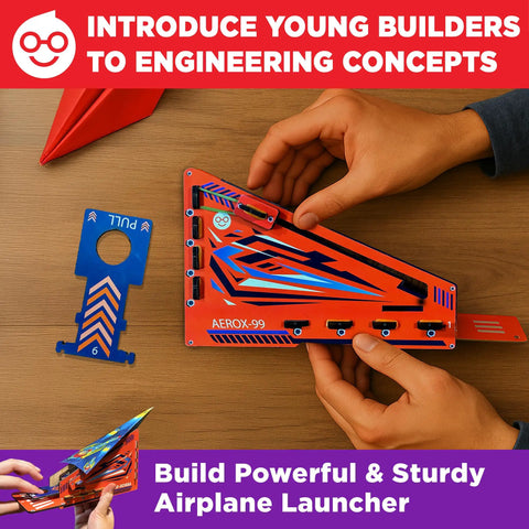 Hands assembling DIY Paper Airplane Craft Kit With Launcher, 50 Planes In 5 Designs, STEM Fun For Kids Ages 6 Plus on wooden table.