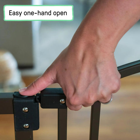 Extra Wide Baby Gate And Dog Gate For Hallways And Large Openings, Fits 44 To 72 Inch Openings, 36 Inch Tall, Hardware Mounted, shown easy one-hand open mechanism.