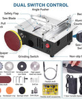 Compact Mini Table Saw Featuring Game Changing Dual Motor Safety Switches with multiple controls and accessories, designed for precision crafting.