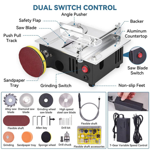 Compact Mini Table Saw Featuring Game Changing Dual Motor Safety Switches with multiple controls and accessories, designed for precision crafting.