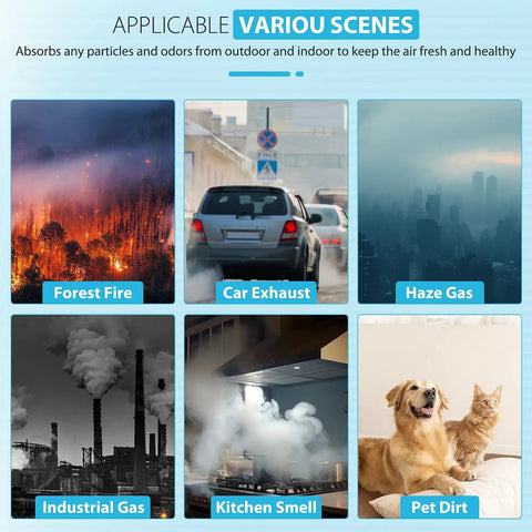Illustration showing various scenes like forest fires, car exhaust, haze gas, industrial gas, kitchen smell, and pet dirt.
