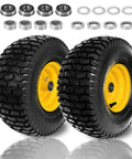 Two Pack 15x6.00-6 Lawn Mower Tire And Wheel Set For Front Replacement On Most 100 And 300 Series Riding Mowers With 3/4 Inch And 5/8 Inch Bearings, 3 Inch Offset Hub Adjustable Up To 4.4 Inches, 4 Ply Tubeless, 570 Lb Load Capacity