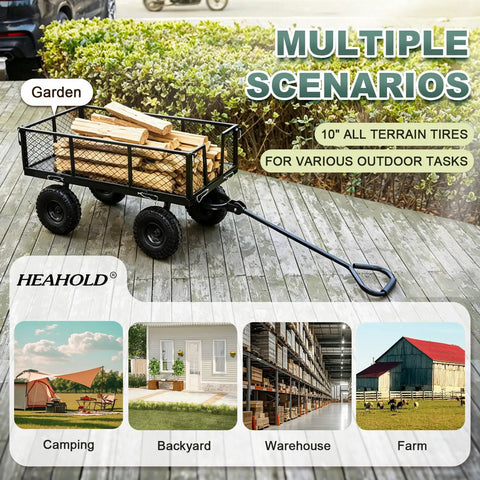 Beefy Heavy Duty Garden Wagon Cart With 880 Lb Capacity And All Terrain Solid Wheels carrying firewood on wooden deck