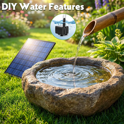 Separate Solar Panel Solar Fountain Pump Kit With 2.5W Panel 6 Nozzles 10Ft Cable in a stone bird bath outdoors