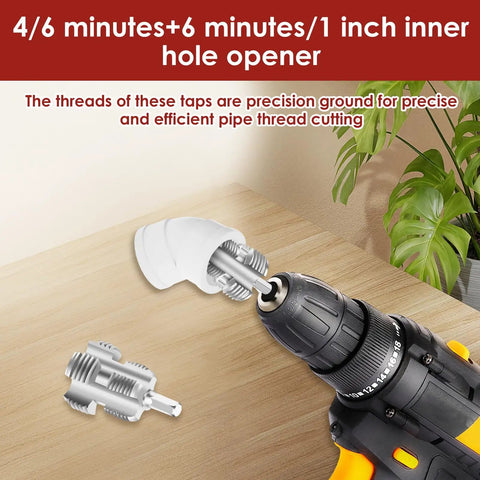 Premium Carbon Steel PVC Pipe Threader Kit For 1/2, 3/4 And One Inch Plastic Pipe Taps showing electric drill and attached threading tap.