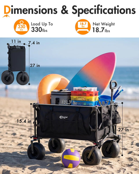 All-Terrain Beach Wagon with 9-Inch Inflatable Balloon Wheels, 330 Lb Capacity, filled with beach gear on sand